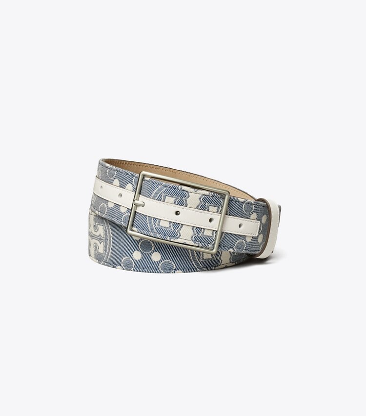 Tory Burch designer belts 1.5" T Monogram Denim Belt in Pearl Blue front