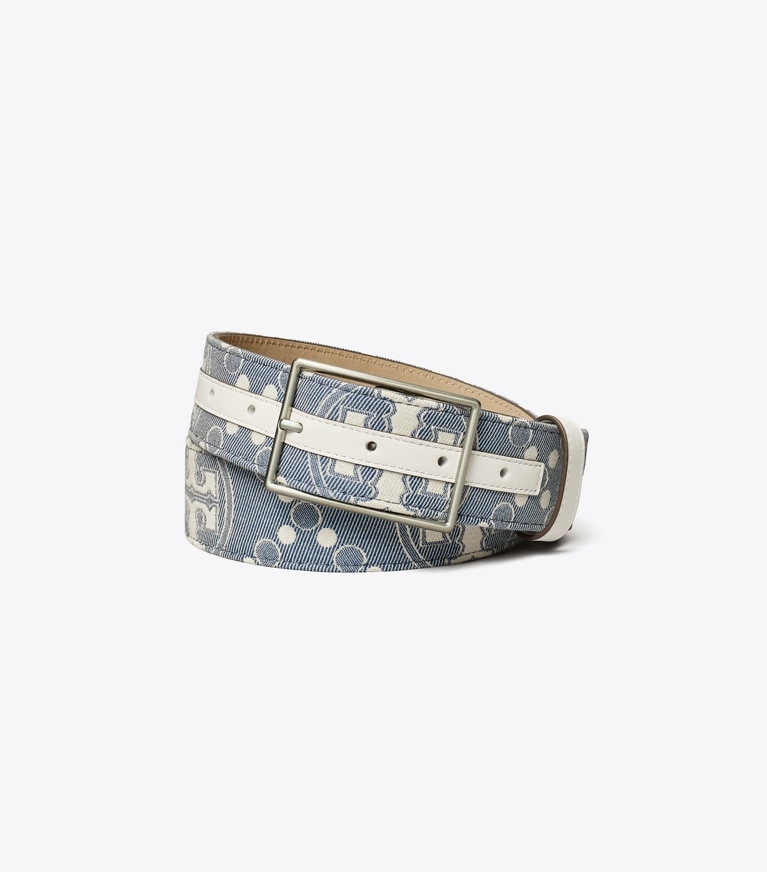 Tory Burch designer belts 1.5" T Monogram Denim Belt in Pearl Blue front