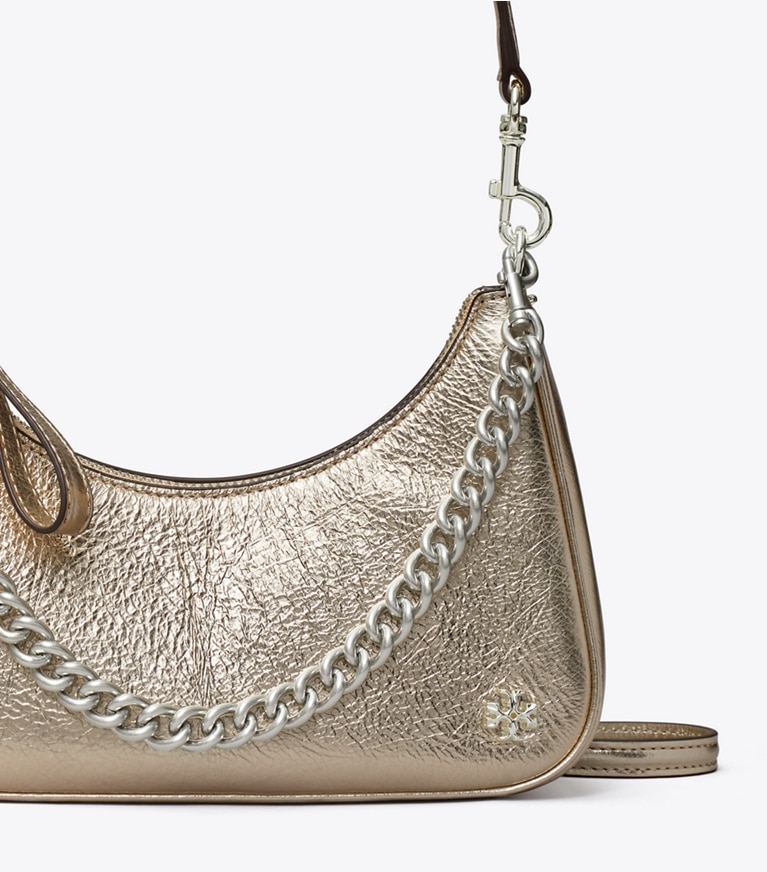 Tory Burch designer crossbody bags 151 Mercer Metallic Small Crescent Bag in GOLD angle