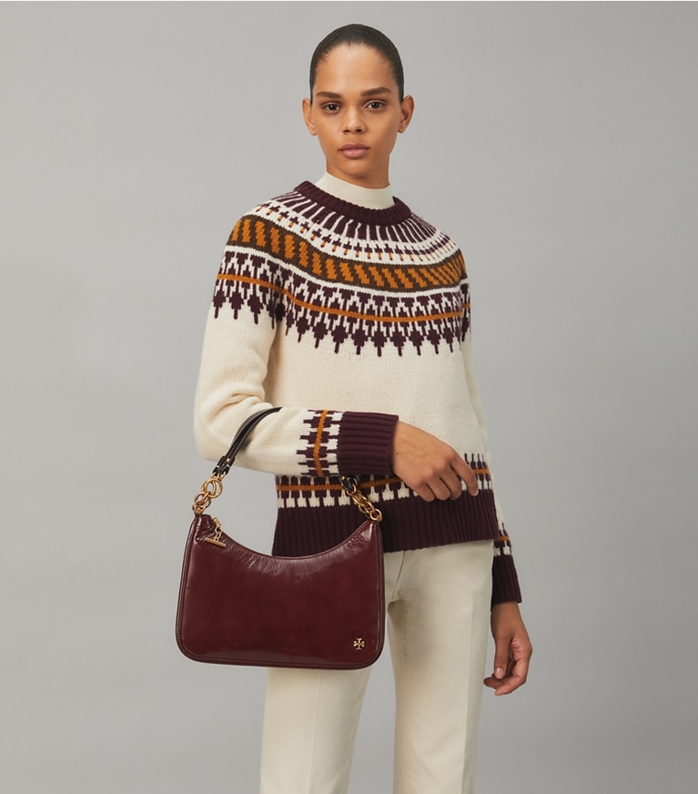 Tory Burch designer shoulder bags 151 Mercer Patent Crescent Bag in Port angle