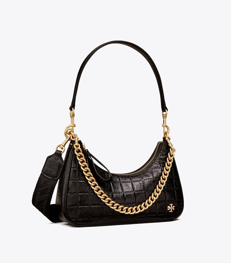 Tory Burch designer crossbody bags 151 Mercer Patent Quilt Small Crescent Bag in Black angle