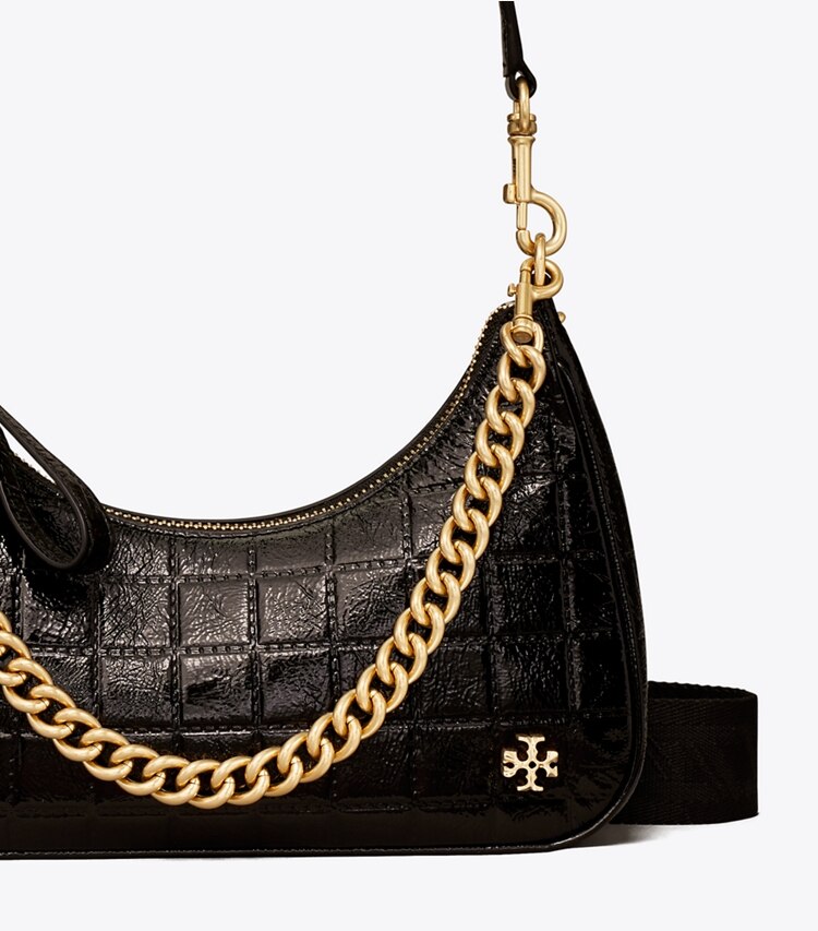 Tory Burch designer crossbody bags 151 Mercer Patent Quilt Small Crescent Bag in Black detail