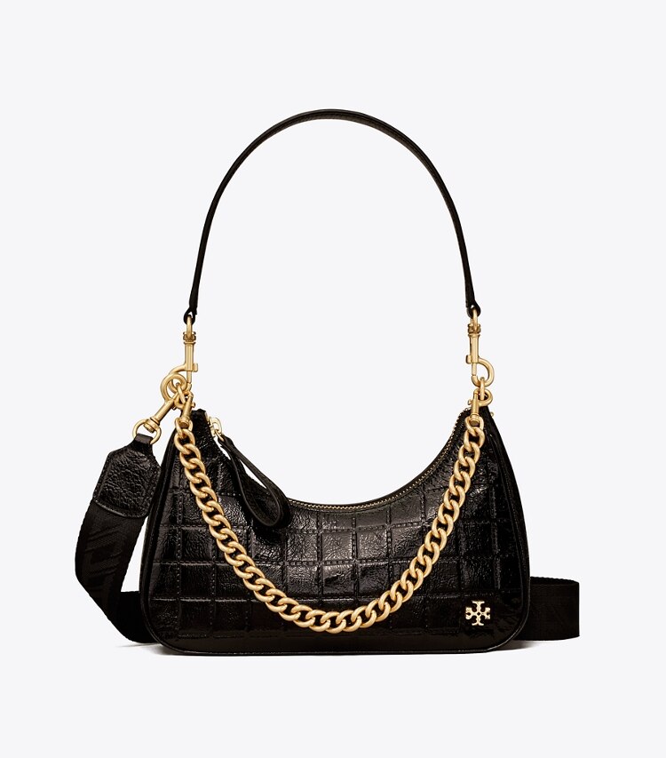 Tory Burch designer crossbody bags 151 Mercer Patent Quilt Small Crescent Bag in Black front