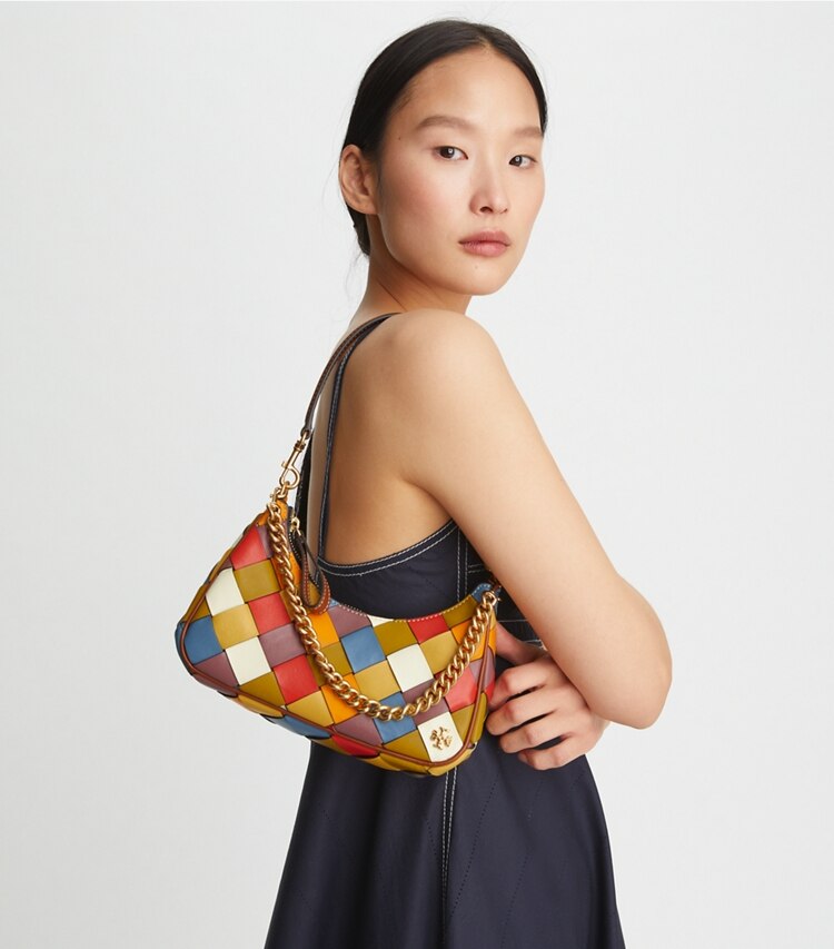 Tory Burch designer crossbody bags 151 Mercer Woven Small Crescent Bag in Multi additional on model