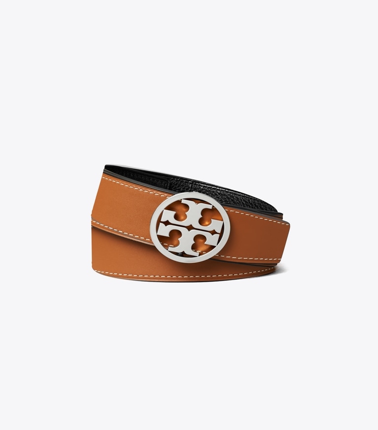 Tory Burch designer gürtel 3,8 cm breiter Miller Wendegürtel in Black / Classic Cuoio / Silver zurück