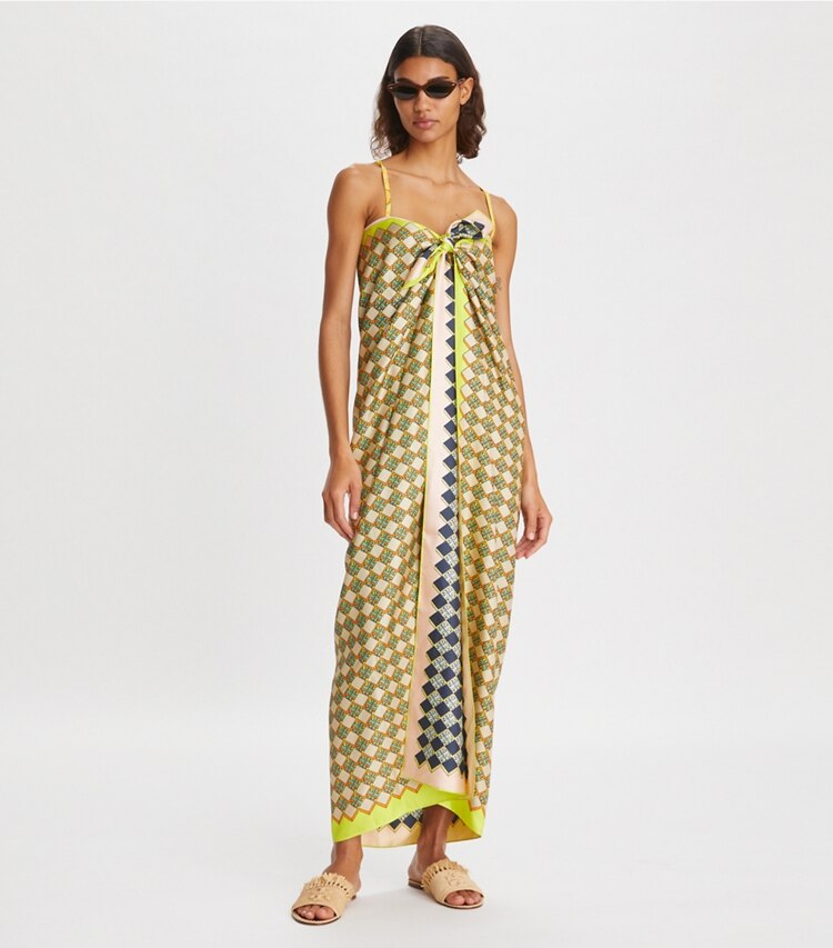 Tory Burch designer scarves 3D Checkered Logo Double-Sided Oversized Silk Square Scarf  in Lemon Lime accessory on model