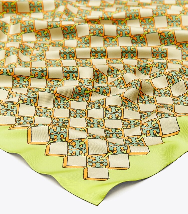 Tory Burch designer scarves 3D Checkered Logo Double-Sided Oversized Silk Square Scarf  in Lemon Lime detail