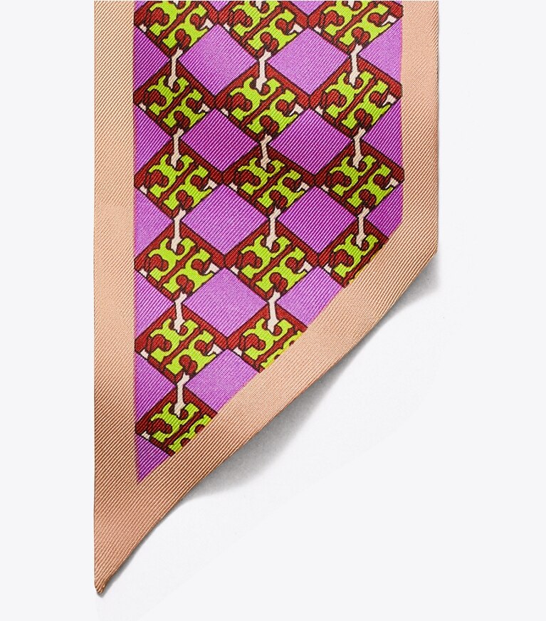 Tory Burch designer scarves 3D Checkered Logo Silk Ribbon Tie  in Lilac overhead