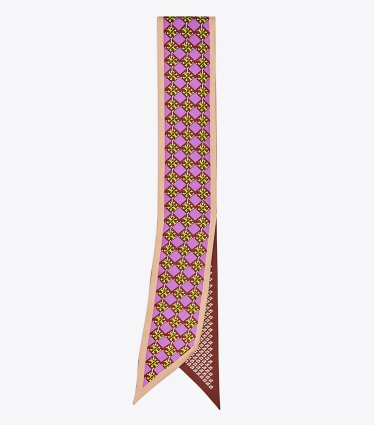 Tory Burch designer scarves 3D Checkered Logo Silk Ribbon Tie  in Lilac folded