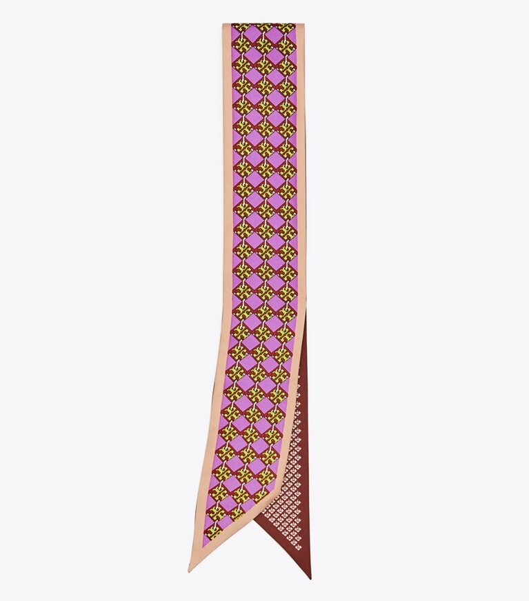 Tory Burch designer scarves 3D Checkered Logo Silk Ribbon Tie  in Lilac overhead