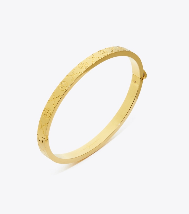 Tory Burch designer armbänder 5 mm Scharnierarmreif mit T-Monogramm in Tory Gold front