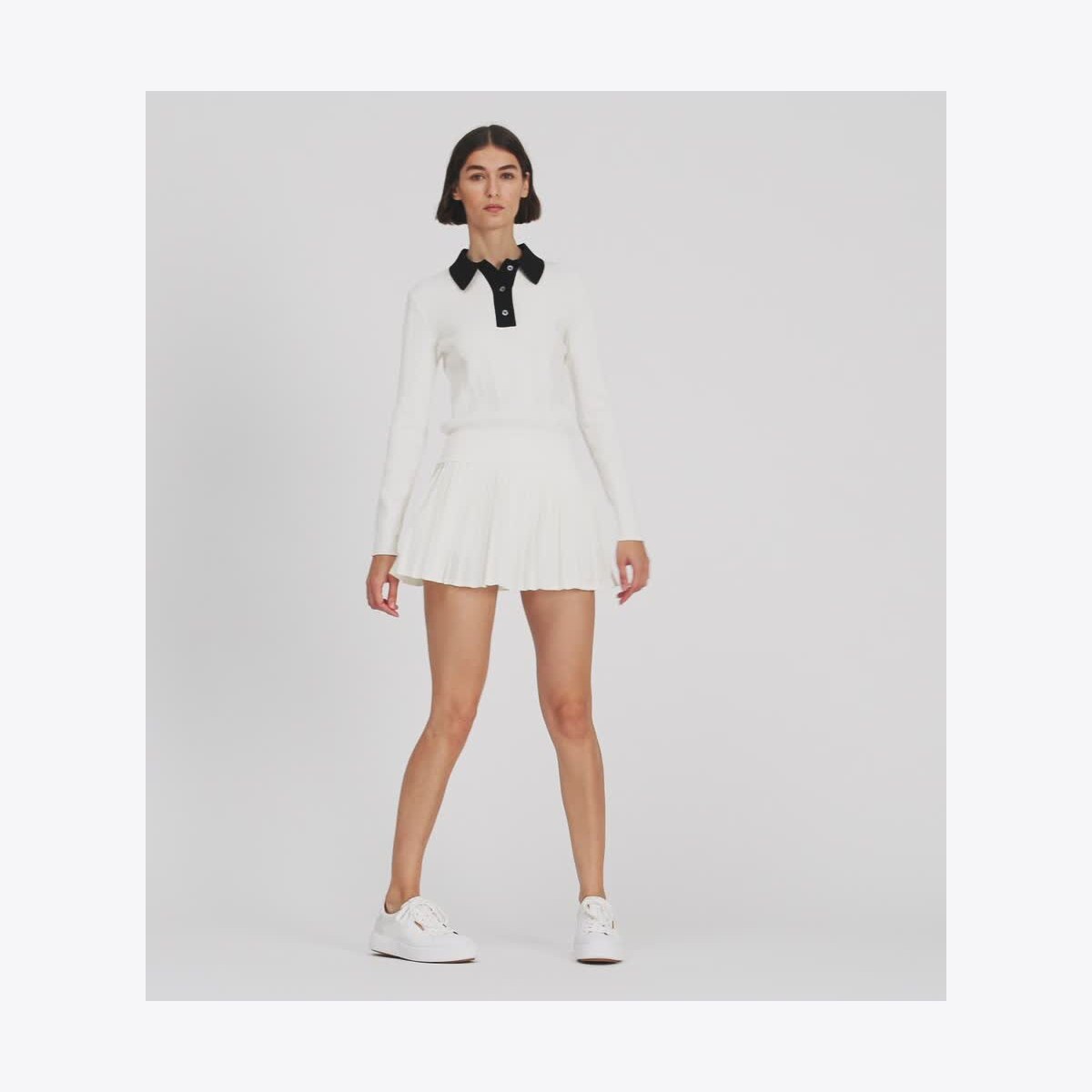 Long-Sleeve Cotton Pointelle Polo: Women's Designer Sweaters