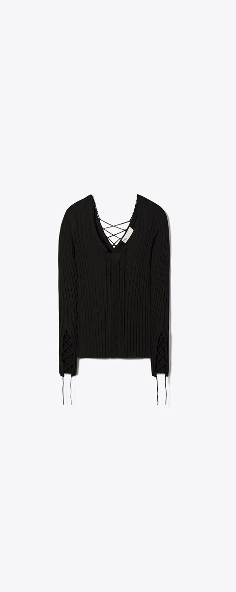 Женский свитер Tory Burch Lace-Up Wool, цвет: Чёрный