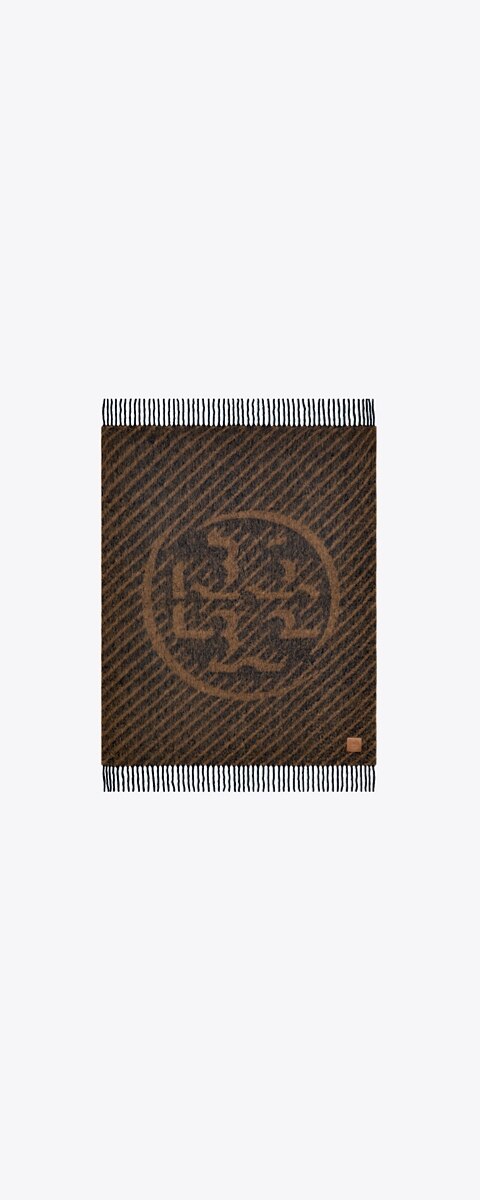 Плед Tory Burch Logo Stripe Bouclé Blanket, цвет: Тёмно-синий / Коричневый