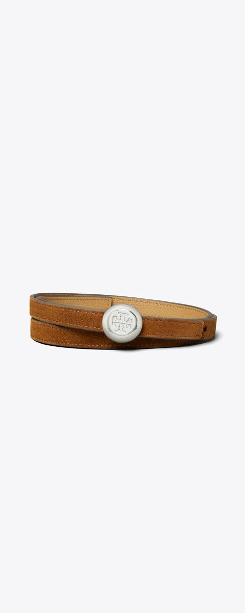 Женский ремень Tory Burch Romy Reversible Suede, цвет: Карамельный / Серебряный