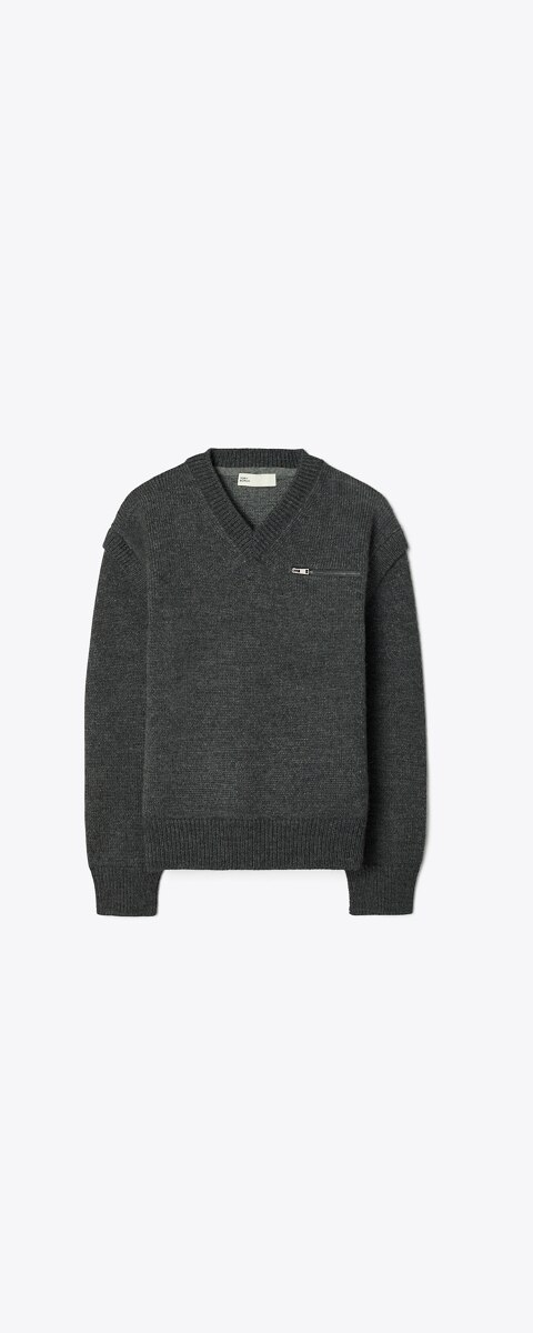 Женский свитер Tory Burch Wool V-Neck, цвет: Тёмный серый меланжевый