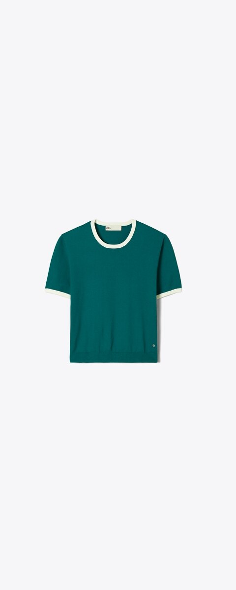 Женский свитер Tory Burch Contrast-Trim Short-Sleeve, цвет: Изумрудный