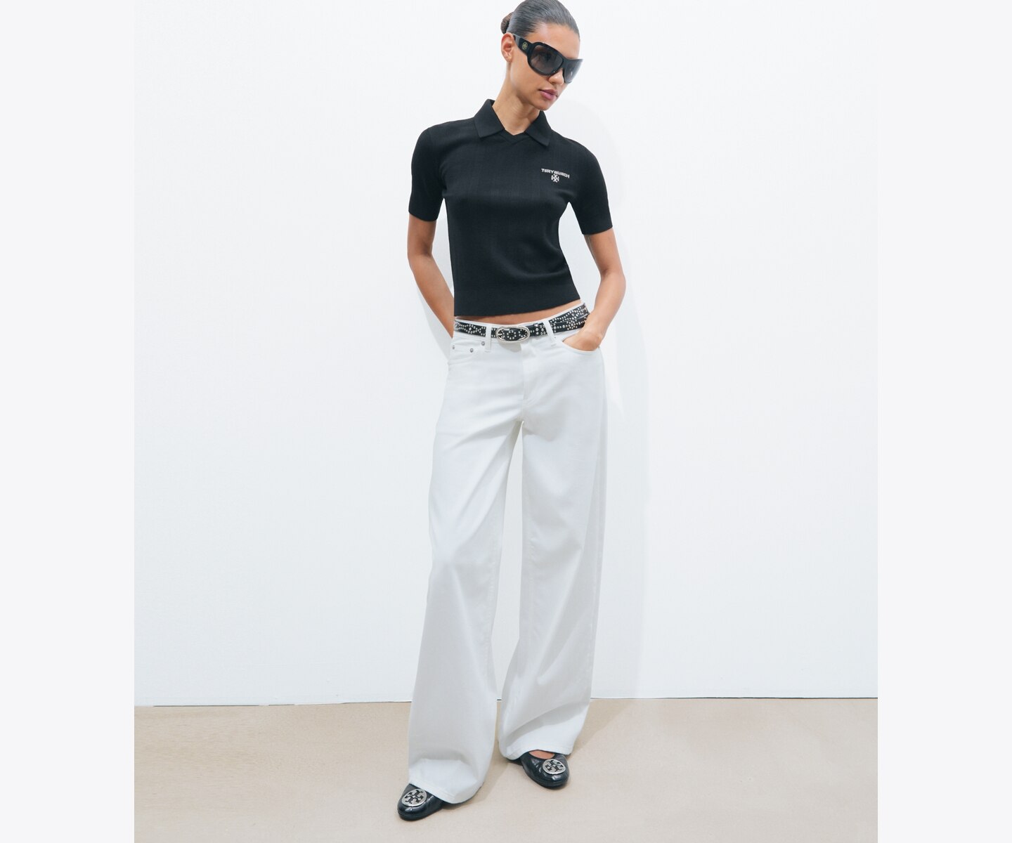 Женское поло Tory Burch Simone Wool Polo, цвет: Чёрный / Бежевый меланжевый — фото 3