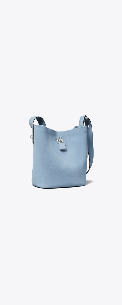Женская сумка Tory Burch Medium Lock Suede Slim Bucket, цвет: Стальной синий