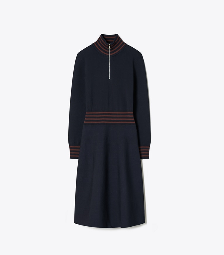Tory Burch designer dresses A-Line Turtleneck Zip Dress in Medium Navy / Dark Sangria front