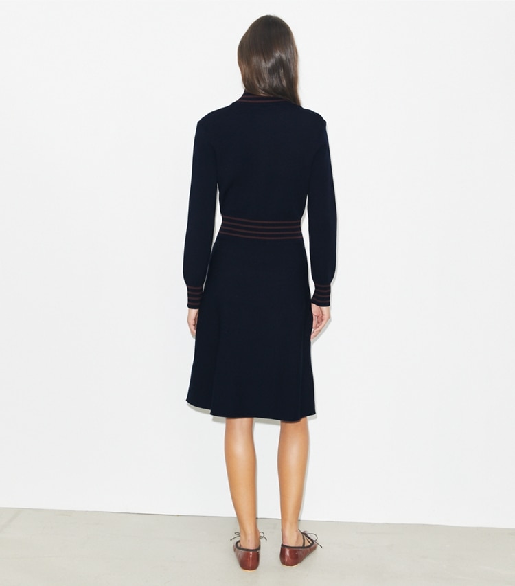 Tory Burch designer dresses A-Line Turtleneck Zip Dress in Medium Navy / Dark Sangria on model back