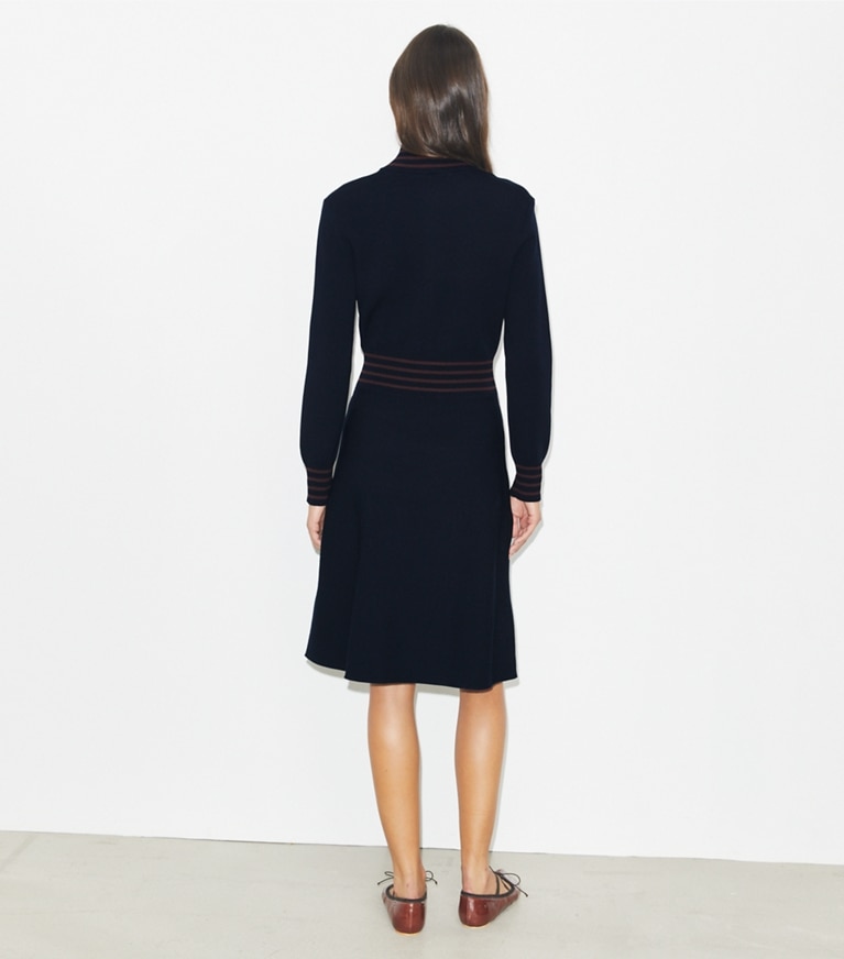 Tory Burch designer dresses A-Line Turtleneck Zip Dress in Medium Navy / Dark Sangria front