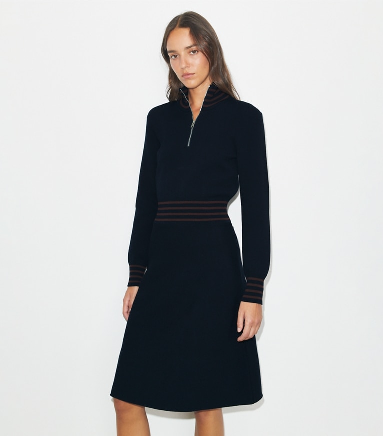 Tory Burch designer dresses A-Line Turtleneck Zip Dress in Medium Navy / Dark Sangria front