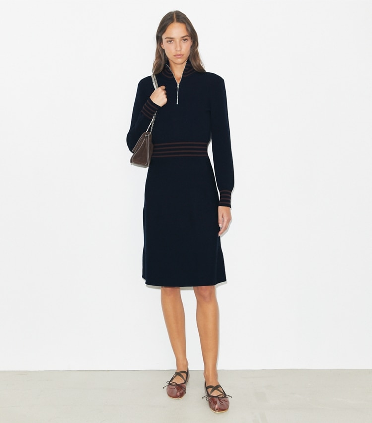 Tory Burch designer dresses A-Line Turtleneck Zip Dress in Medium Navy / Dark Sangria on model front