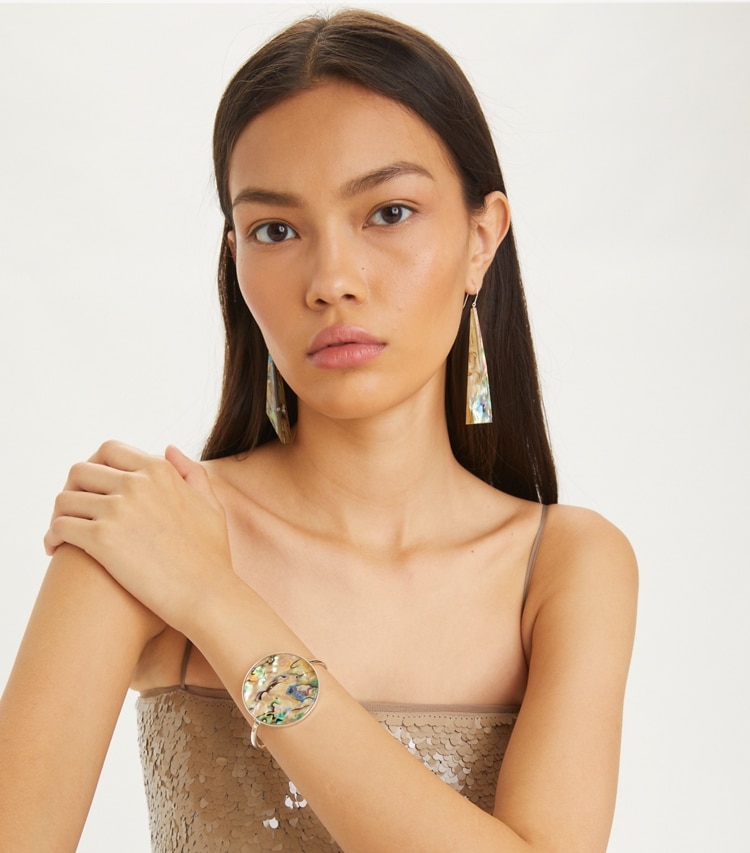 Tory Burch designer bracelets Abalone Cuff in Antique Light Silver / Abalone accessory on model
