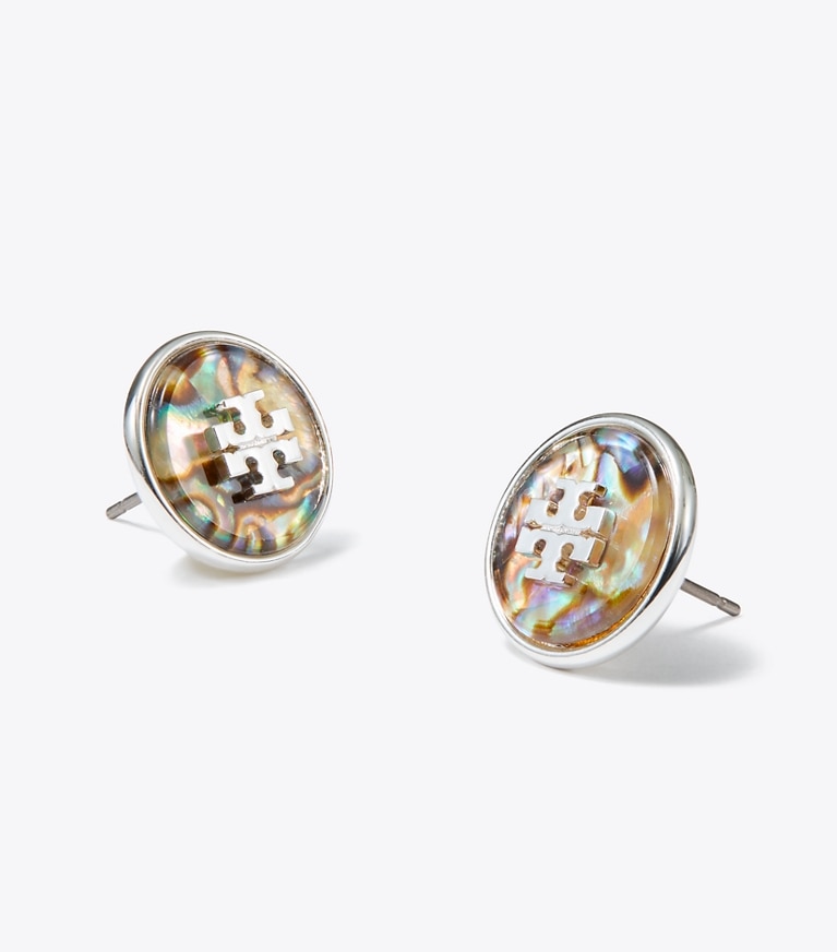 Tory Burch designer earrings Abalone Stud Earring in Light Silver / Abalone front