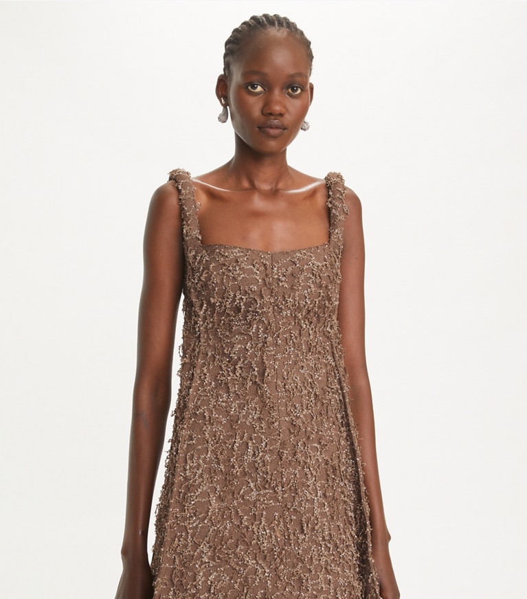 Tory Burch designer abiti Abito a canotta a frange con paillettes in Stone Taupe front
