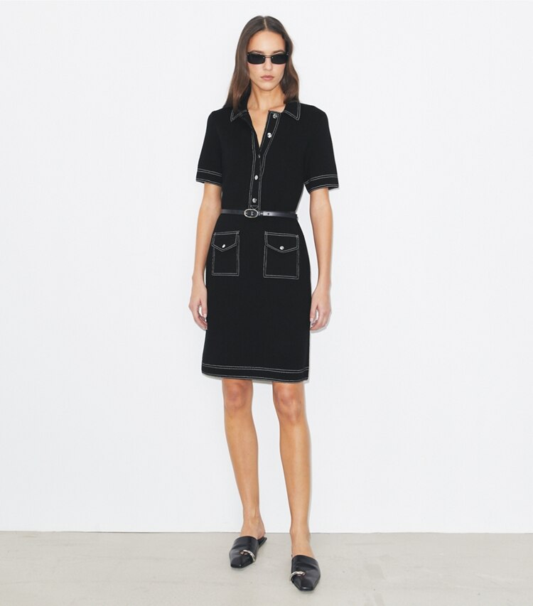 Tory Burch designer abiti Abito Camp in lana con impunture in Black parte anteriore su modella