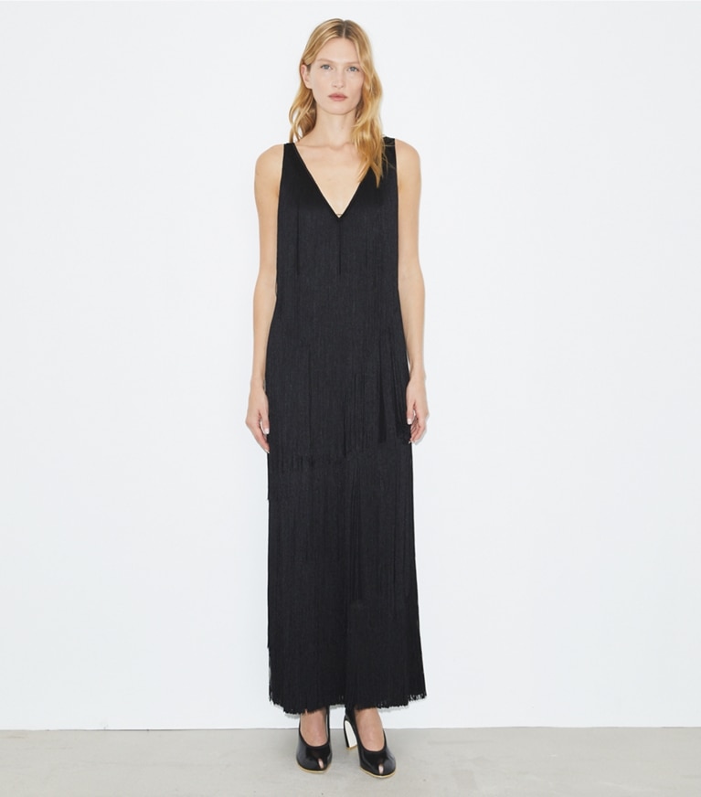 Tory Burch designer abiti Abito con frange in viscosa in Black front
