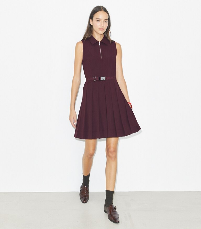 Tory Burch designer abiti Abito da golf elasticizzato a pieghe in Dark Sangria front