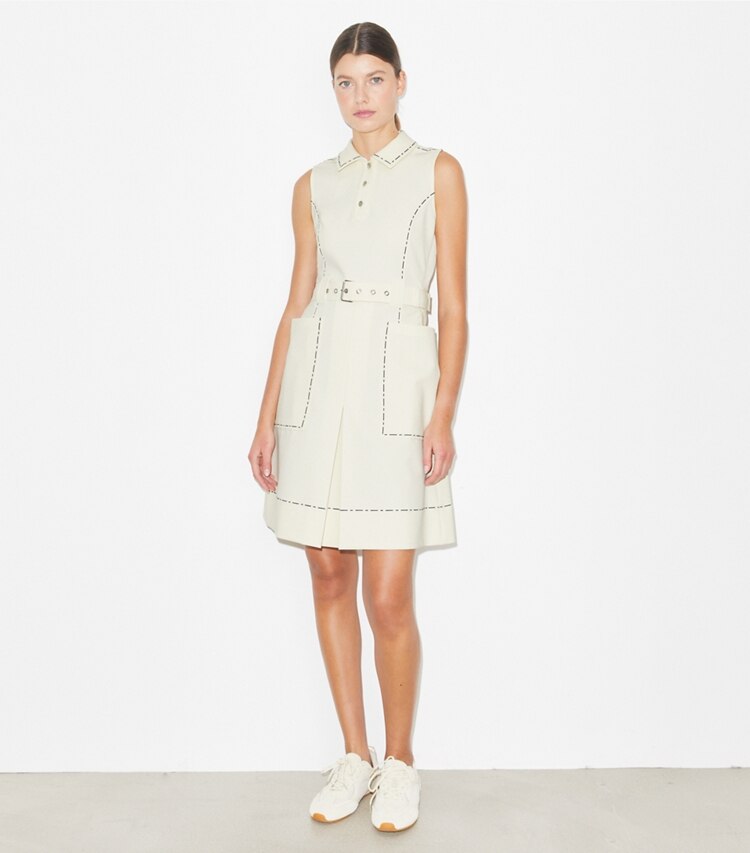 Tory Burch designer abiti Abito da golf elasticizzato con impunture a vista in New Ivory parte anteriore su modella