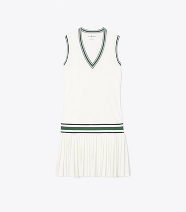 Tory Sport designer abiti Abito da tennis tecnico con scollo a V in Snow White / Evergreen front