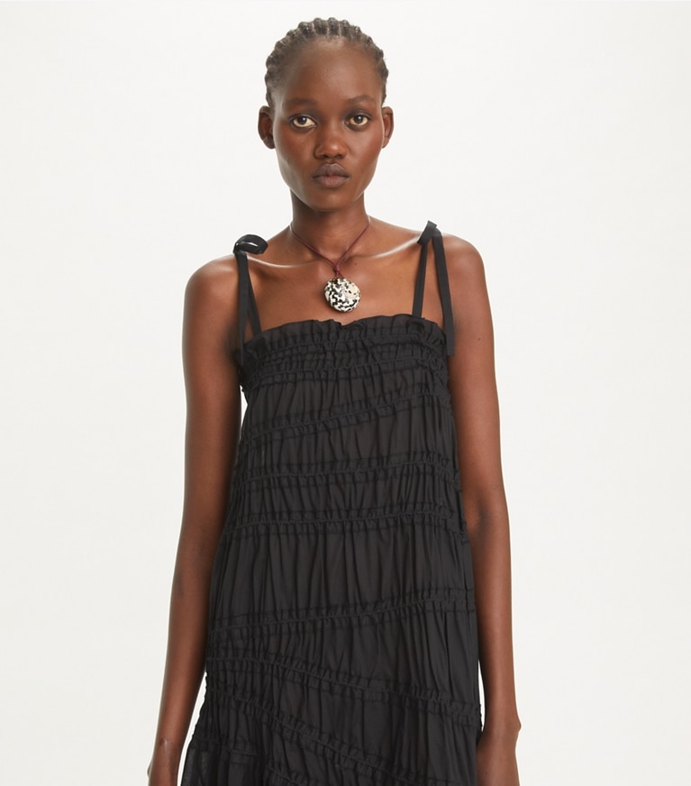 Tory Burch designer copricostume Abito in cotone a punto smock con spalline sottili in Black front