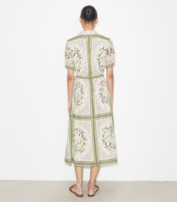 Tory Burch designer copricostume Abito in cotone con zip e vita arricciata in Mint Cockatoo on model back