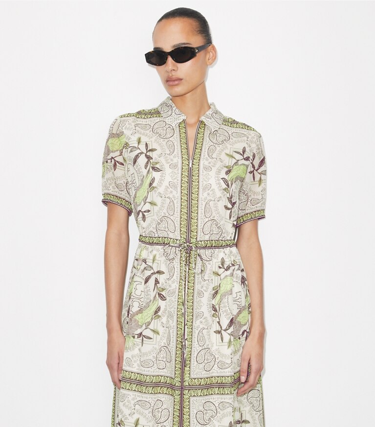 Tory Burch designer copricostume Abito in cotone con zip e vita arricciata in Mint Cockatoo on model detail