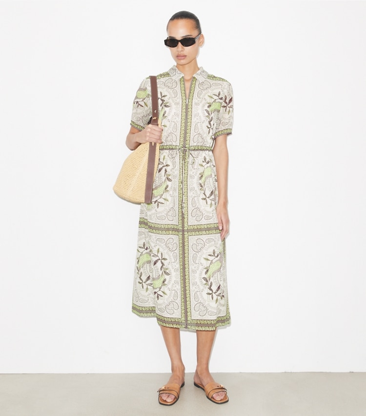 Tory Burch designer copricostume Abito in cotone con zip e vita arricciata in Mint Cockatoo parte anteriore su modella