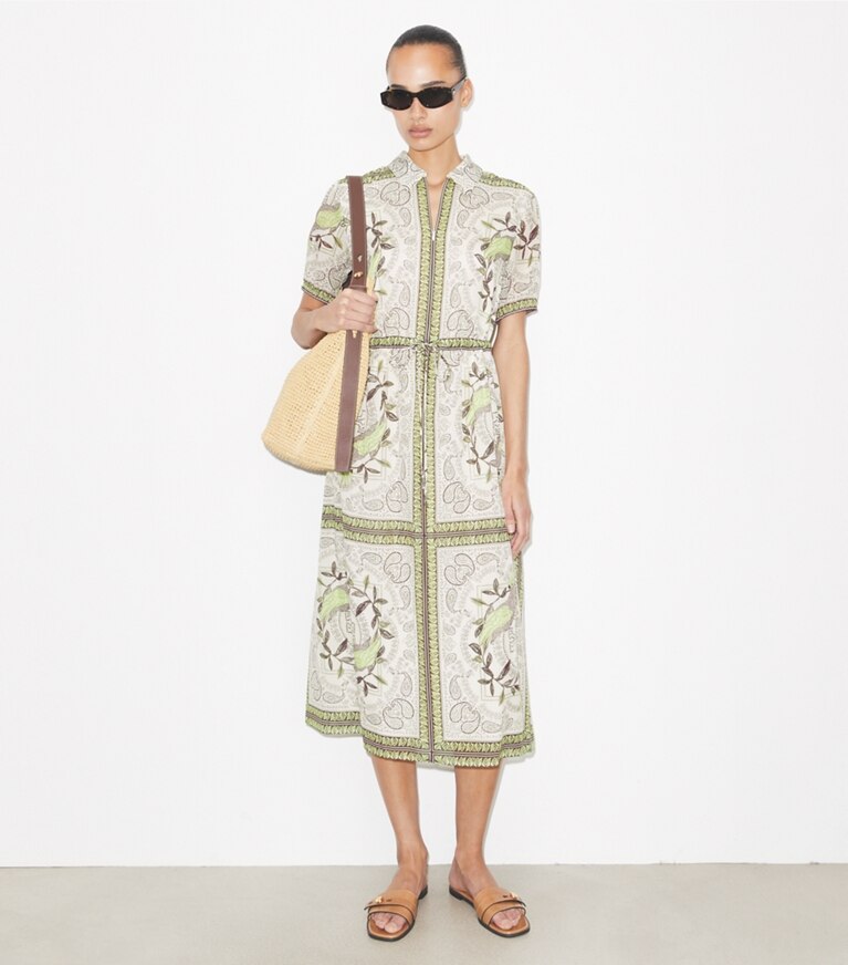 Tory Burch designer copricostume Abito in cotone con zip e vita arricciata in Mint Cockatoo parte anteriore su modella