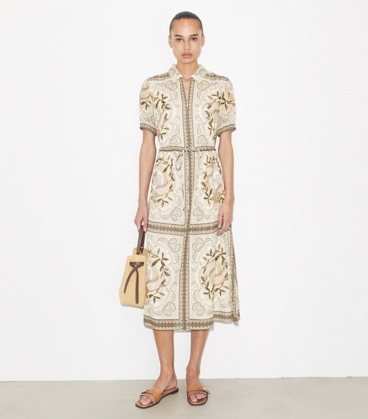 Tory Burch designer copricostume Abito in cotone con zip e vita arricciata in Pink Cockatoo parte anteriore su modella