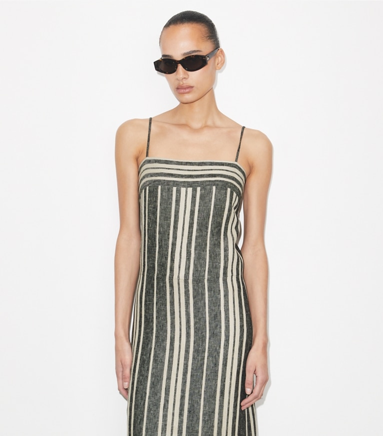 Tory Burch designer copricostume Abito in lino a schiena scoperta in Black / Ivory on model detail