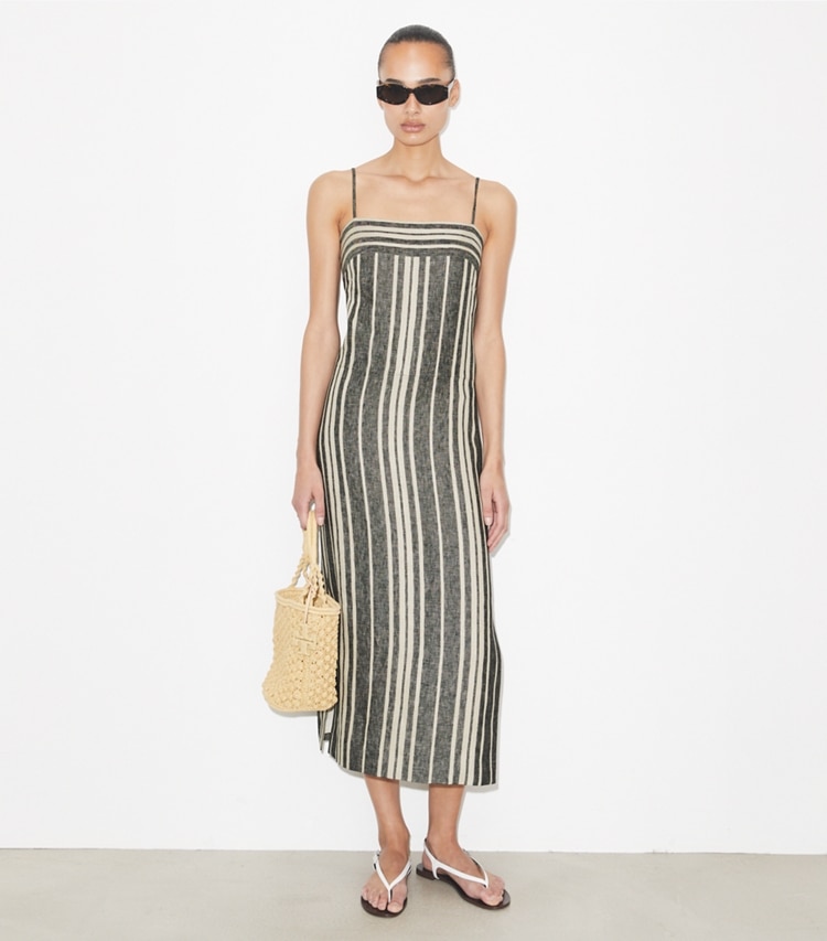 Tory Burch designer copricostume Abito in lino a schiena scoperta in Black / Ivory parte anteriore su modella