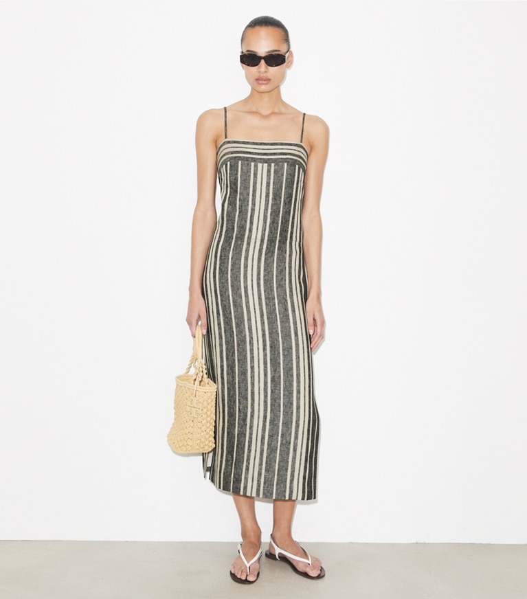 Tory Burch designer copricostume Abito in lino a schiena scoperta in Black / Ivory parte anteriore su modella