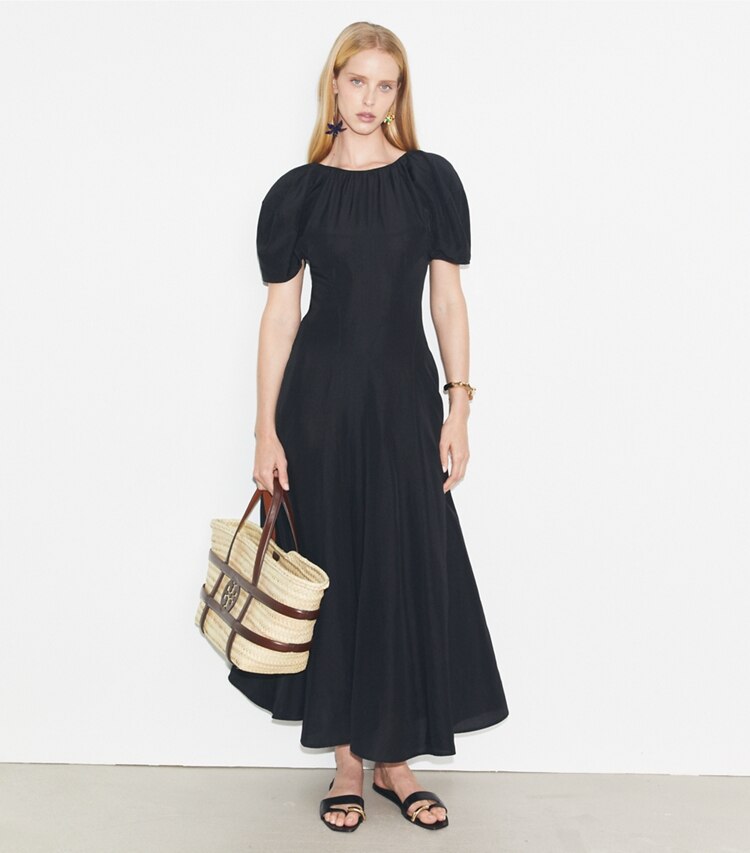 Tory Burch designer abiti Abito in lino con maniche a palloncino in Black parte anteriore su modella