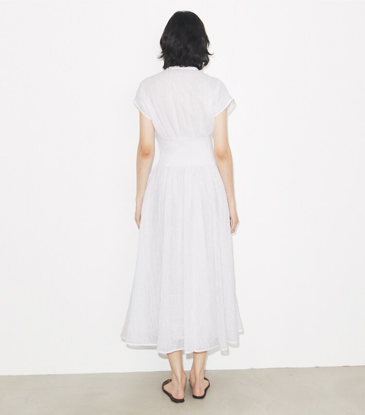 Tory Burch designer copricostume Abito in lino con scollo a V in White on model back