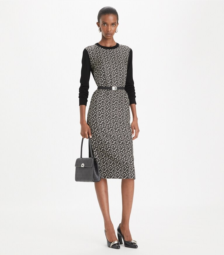 Tory Burch designer abiti Abito in maglia Greer con parte anteriore in seta in Black Prismatic T Monogram Small front