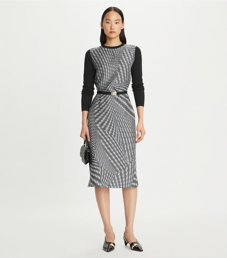 Tory Burch designer abiti Abito in maglia Greer con parte anteriore in seta in Black / Black Warped Lace front