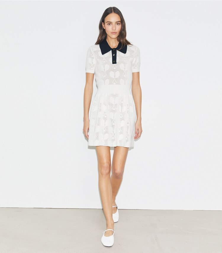 Tory Sport designer abiti Abito in mesh Racquet in NEW IVORY parte anteriore su modella